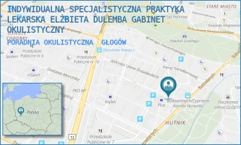 PORADNIA OKULISTYCZNA - INDYWIDUALNA SPECJALISTYCZNA PRAKTYKA LEKARSKA ELŻBIETA DULEMBA GABINET OKULISTYCZNY - UL. CYPRIANA KAMILA NORWIDA 2A,  GŁOGÓW