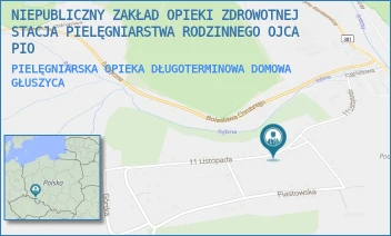 PIELĘGNIARSKA OPIEKA DŁUGOTERMINOWA DOMOWA - NIEPUBLICZNY ZAKŁAD OPIEKI ZDROWOTNEJ STACJA PIELĘGNIARSTWA RODZINNEGO OJCA PIO - UL. 11 LISTOPADA 6A/2,  GŁUSZYCA