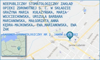 GABINET STOMATOLOGICZNY NR 2 - NIEPUBLICZNY STOMATOLOGICZNY ZAKŁAD OPIEKI ZDROWOTNEJ S. C. W SKŁADZIE GRAŻYNA MARIA  KUŁAŻYŃSKA, MARIA WOJCIECHOWSKA, URSZULA BARBARA MARIANOWSKA, MAŁGORZATA ANNA KĘDRA-MAJKOWSKA, EWA MARIANOWSKA, EWA ŻAK - KILIŃSKIEGO 3/2,  JANÓW LUBELSKI