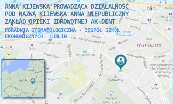 PORADNIA STOMATOLOGICZNA - ZESPÓŁ SZKÓŁ EKONOMICZNYCH - ANNA KIJEWSKA PROWADZĄCA DZIAŁALNOŚĆ POD NAZWĄ KIJEWSKA ANNA NIEPUBLICZNY ZAKŁAD OPIEKI ZDROWOTNEJ AK-DENT - BERNARDYŃSKA 14/309,  LUBLIN