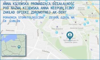 PORADNIA STOMATOLOGICZNA - ZESPÓŁ SZKÓŁ NR 10 - ANNA KIJEWSKA PROWADZĄCA DZIAŁALNOŚĆ POD NAZWĄ KIJEWSKA ANNA NIEPUBLICZNY ZAKŁAD OPIEKI ZDROWOTNEJ AK-DENT - BIEDRONKI 13,  LUBLIN