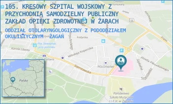 ODDZIAŁ OTOLARYNGOLOGICZNY Z PODODDZIAŁEM OKULISTYCZNYM - 105. KRESOWY SZPITAL WOJSKOWY Z PRZYCHODNIĄ SAMODZIELNY PUBLICZNY ZAKŁAD OPIEKI ZDROWOTNEJ W ŻARACH - UL. ŻELAZNA 1A,  ŻAGAŃ