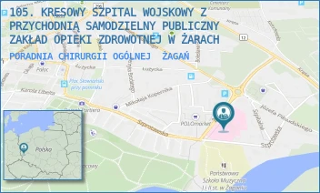 PORADNIA CHIRURGII OGÓLNEJ - 105. KRESOWY SZPITAL WOJSKOWY Z PRZYCHODNIĄ SAMODZIELNY PUBLICZNY ZAKŁAD OPIEKI ZDROWOTNEJ W ŻARACH - UL. ŻELAZNA 1A,  ŻAGAŃ