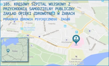 PORADNIA ZDROWIA PSYCHICZNEGO - 105. KRESOWY SZPITAL WOJSKOWY Z PRZYCHODNIĄ SAMODZIELNY PUBLICZNY ZAKŁAD OPIEKI ZDROWOTNEJ W ŻARACH - UL. ŻELAZNA 1A,  ŻAGAŃ