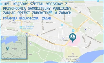 PORADNIA UROLOGICZNA - 105. KRESOWY SZPITAL WOJSKOWY Z PRZYCHODNIĄ SAMODZIELNY PUBLICZNY ZAKŁAD OPIEKI ZDROWOTNEJ W ŻARACH - UL. ŻELAZNA 1A,  ŻAGAŃ