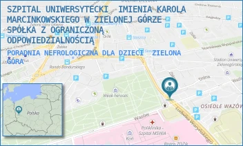 PORADNIA NEFROLOGICZNA DLA DZIECI - SZPITAL UNIWERSYTECKI  IMIENIA KAROLA MARCINKOWSKIEGO W ZIELONEJ GÓRZE SPÓŁKA Z OGRANICZONĄ ODPOWIEDZIALNOŚCIĄ - UL. LUDWIKA WARYŃSKIEGO 2,  ZIELONA GÓRA