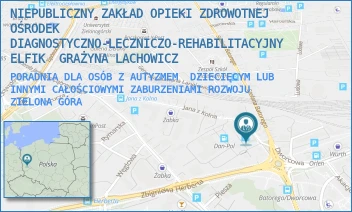 PORADNIA DLA OSÓB Z AUTYZMEM  DZIECIĘCYM LUB INNYMI CAŁOŚCIOWYMI ZABURZENIAMI ROZWOJU - NIEPUBLICZNY ZAKŁAD OPIEKI ZDROWOTNEJ OŚRODEK DIAGNOSTYCZNO-LECZNICZO-REHABILITACYJNY ELFIK  GRAŻYNA LACHOWICZ - UL. JANA Z KOLNA 4,  ZIELONA GÓRA