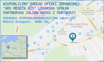 PORADNIA OTORYNOLARYNGOLOGICZNA "ARS MEDICA BIS" - NIEPUBLICZNY ZAKŁAD OPIEKI ZDROWOTNEJ "ARS MEDICA BIS" LEKARSKA SPÓŁKA PARTNERSKA JULIAN HUCKO I PARTNERZY - UL. 1 MAJA 30,  NOWA SÓL