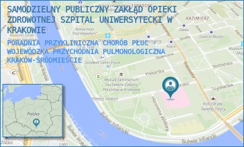 PORADNIA PRZYKLINICZNA CHORÓB PŁUC - WOJEWÓDZKA PRZYCHODNIA PULMONOLOGICZNA - SAMODZIELNY PUBLICZNY ZAKŁAD OPIEKI ZDROWOTNEJ SZPITAL UNIWERSYTECKI W KRAKOWIE - UL. SKAWIŃSKA 8,  KRAKÓW-ŚRÓDMIEŚCIE