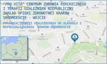 PORADNIA TERAPII UZALEŻNIENIA OD ALKOHOLU I WSPÓŁUZALEŻNIENIA - "PRO VITA" CENTRUM ZDROWIA PSYCHICZNEGO I TERAPII UZALEŻNIEŃ NIEPUBLICZNY ZAKŁAD OPIEKI ZDROWOTNEJ KRAKÓW - SRÓDMIEŚCIE - WOJCIE - UL. BASZTOWA 5,  KRAKÓW-ŚRÓDMIEŚCIE
