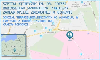 ODDZIAŁ TERAPII UZALEŻNIONYCH OD ALKOHOLU, W TYM OSÓB Z INNYMI DYSFUNKCJAMI - SZPITAL KLINICZNY IM. DR. JÓZEFA BABIŃSKIEGO SAMODZIELNY PUBLICZNY ZAKŁAD OPIEKI ZDROWOTNEJ W KRAKOWIE - UL. DR. JÓZEFA BABIŃSKIEGO 29,  KRAKÓW-PODGÓRZE