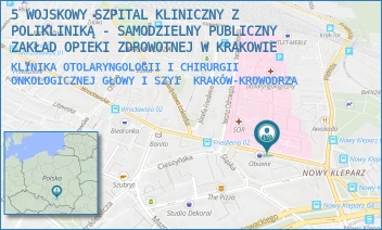 KLINIKA OTOLARYNGOLOGII I CHIRURGII ONKOLOGICZNEJ GŁOWY I SZYI - 5 WOJSKOWY SZPITAL KLINICZNY Z POLIKLINIKĄ - SAMODZIELNY PUBLICZNY ZAKŁAD OPIEKI ZDROWOTNEJ W KRAKOWIE - UL. WROCŁAWSKA 1-3,  KRAKÓW-KROWODRZA