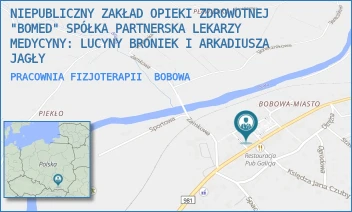 PRACOWNIA FIZJOTERAPII - NIEPUBLICZNY ZAKŁAD OPIEKI ZDROWOTNEJ "BOMED" SPÓŁKA PARTNERSKA LEKARZY MEDYCYNY: LUCYNY BRONIEK I ARKADIUSZA JAGŁY - UL. RYNEK 2,  BOBOWA