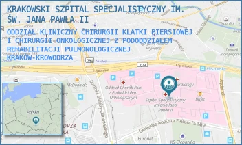 ODDZIAŁ KLINICZNY CHIRURGII KLATKI PIERSIOWEJ I CHIRURGII ONKOLOGICZNEJ Z PODODDZIAŁEM REHABILITACJI PULMONOLOGICZNEJ - KRAKOWSKI SZPITAL SPECJALISTYCZNY IM. ŚW. JANA PAWŁA II - PRĄDNICKA 80,  KRAKÓW-KROWODRZA