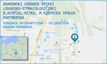 PORADNIA ORTODONTYCZNA - FELIŃSKIEGO - KRAKOWSKI OŚRODEK OPIEKI LEKARSKO-STOMATOLOGICZNEJ B.KUŚPIEL-MITKA, M.RZEPECKA SPÓŁKA PARTNERSKA - UL. ARCYBISKUPA ZYGMUNTA SZCZĘSNEGO FELIŃSKIEGO 22A/LU3,  KRAKÓW-KROWODRZA