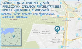 ODDZIAŁ XVIII TERAPII UZALEŻNIENIA OD ALKOHOLU - SAMODZIELNY WOJEWÓDZKI ZESPÓŁ PUBLICZNYCH ZAKŁADÓW PSYCHIATRYCZNEJ OPIEKI ZDROWOTNEJ W WARSZAWIE - KOLSKA 2/4,  WARSZAWA