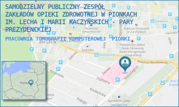 PRACOWNIA TOMOGRAFII KOMPUTEROWEJ - SAMODZIELNY PUBLICZNY ZESPÓŁ ZAKŁADÓW OPIEKI ZDROWOTNEJ W PIONKACH IM. LECHA I MARII KACZYŃSKICH - PARY PREZYDENCKIEJ - NIEPODLEGŁOŚCI 1,  PIONKI