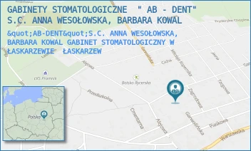 "AB-DENT"S.C. ANNA WESOŁOWSKA, BARBARA KOWAL GABINET STOMATOLOGICZNY W ŁASKARZEWIE - GABINETY STOMATOLOGICZNE  " AB - DENT"  S.C. ANNA WESOŁOWSKA, BARBARA KOWAL - GARWOLIŃSKA 26 A,  ŁASKARZEW