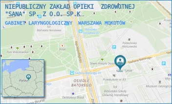 GABINET LARYNGOLOGICZNY - NIEPUBLICZNY ZAKŁAD OPIEKI  ZDROWOTNEJ "SANA" SP. Z O.O. SP.K - STEFANA BATOREGO 31 A,  WARSZAWA MOKOTÓW