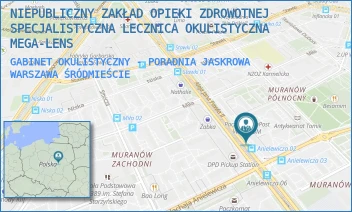 GABINET OKULISTYCZNY - PORADNIA JASKROWA - NIEPUBLICZNY ZAKŁAD OPIEKI ZDROWOTNEJ SPECJALISTYCZNA LECZNICA OKULISTYCZNA MEGA-LENS - JANA PAWŁA II 66,  WARSZAWA ŚRÓDMIEŚCIE