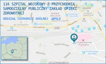 ODDZIAŁ CHIRURGII OGÓLNEJ - 116 SZPITAL WOJSKOWY Z PRZYCHODNIĄ SAMODZIELNY PUBLICZNY ZAKŁAD OPIEKI ZDROWOTNEJ W OPOLU - UL. WALEREGO WRÓBLEWSKIEGO 46,  OPOLE