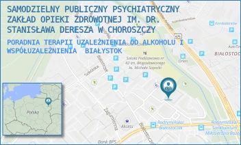 PORADNIA TERAPII UZALEŻNIENIA OD ALKOHOLU I WSPÓŁUZALEŻNIENIA - SAMODZIELNY PUBLICZNY PSYCHIATRYCZNY ZAKŁAD OPIEKI ZDROWOTNEJ IM. DR. STANISŁAWA DERESZA W CHOROSZCZY - RADZYMIŃSKA 2,  BIAŁYSTOK