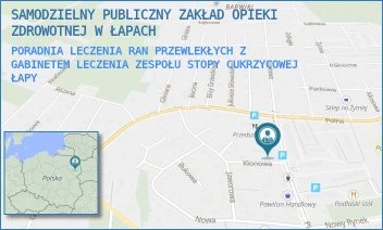 PORADNIA LECZENIA RAN PRZEWLEKŁYCH Z GABINETEM LECZENIA ZESPOŁU STOPY CUKRZYCOWEJ - SAMODZIELNY PUBLICZNY ZAKŁAD OPIEKI ZDROWOTNEJ W ŁAPACH - PIASKOWA 9,  ŁAPY