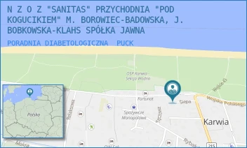 PORADNIA DIABETOLOGICZNA - N Z O Z "SANITAS" PRZYCHODNIA "POD KOGUCIKIEM" M. BOROWIEC-BADOWSKA, J. BOBKOWSKA-KLAHS SPÓŁKA JAWNA - UL. WOJSKA POLSKIEGO 27,  PUCK
