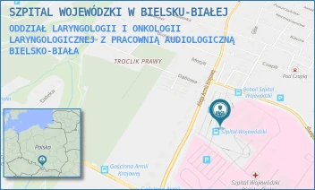 ODDZIAŁ LARYNGOLOGII I ONKOLOGII LARYNGOLOGICZNEJ Z PRACOWNIĄ AUDIOLOGICZNĄ - SZPITAL WOJEWÓDZKI W BIELSKU-BIAŁEJ - UL. AL.ARMII KRAJOWEJ 101,  BIELSKO-BIAŁA