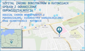 ODDZIAŁ CHORÓB WEWNĘTRZNYCH Z PODODDZIAŁAMI: DIAGNOSTYKI KARDIOLOGICZNEJ ORAZ DIABETOLOGII - SZPITAL ZAKONU BONIFRATRÓW W KATOWICACH SPÓŁKA Z OGRANICZONĄ ODPOWIEDZIALNOŚCIĄ - L.MARKIEFKI  87,  KATOWICE