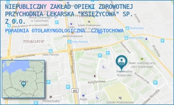 PORADNIA OTOLARYNGOLOGICZNA - NIEPUBLICZNY ZAKŁAD OPIEKI ZDROWOTNEJ PRZYCHODNIA LEKARSKA "KSIĘŻYCOWA" SP. Z O.O. - UL. KSIĘŻYCOWA 5,  CZĘSTOCHOWA
