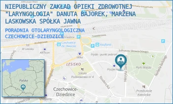 PORADNIA OTOLARYNGOLOGICZNA - NIEPUBLICZNY ZAKŁAD OPIEKI ZDROWOTNEJ LARYNGOLOGIA SPÓŁKA Z OGRANICZONĄ ODPOWIEDZIALNOŚCIĄ - UL. HENRYKA SIENKIEWICZA 8,  CZECHOWICE-DZIEDZICE