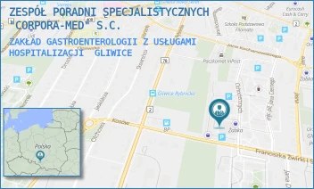 ZAKŁAD GASTROENTEROLOGII Z USŁUGAMI HOSPITALIZACJI - ZESPÓŁ PORADNI SPECJALISTYCZNYCH "CORPORA-MED" S.C. - UL. FRANCISZKA ZUBRZYCKIEGO 18,  GLIWICE