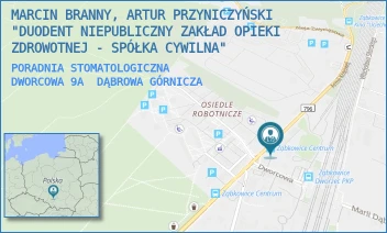 PORADNIA STOMATOLOGICZNA
DWORCOWA 9A - NIEPUBLICZNY ZAKŁAD OPIEKI ZDROWOTNEJ DUODENT SPÓŁKA Z OGRANICZONĄ ODPOWIEDZIALNOŚCIĄ - DWORCOWA 9A,  DĄBROWA GÓRNICZA