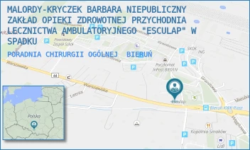PORADNIA CHIRURGII OGÓLNEJ - MALORDY-KRYCZEK BARBARA NIEPUBLICZNY ZAKŁAD OPIEKI ZDROWOTNEJ PRZYCHODNIA LECZNICTWA AMBULATORYJNEGO "ESCULAP" W SPADKU - UL. WARSZAWSKA 177,  BIERUŃ