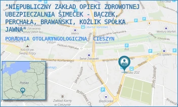 PORADNIA OTOLARYNGOLOGICZNA - "NIEPUBLICZNY ZAKŁAD OPIEKI ZDROWOTNEJ UBEZPIECZALNIA ŠIMEČEK - BĄCZEK, BRAWAŃSKI, KOŹLIK SPÓŁKA JAWNA" - UL. BIELSKA 37,  CIESZYN