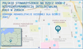 OŚRODEK REHABILITACJI DZIENNEJ DLA DZIECI - POLSKIE STOWARZYSZENIE NA RZECZ OSÓB Z NIEPEŁNOSPRAWNOŚCIĄ INTELEKTUALNĄ KOŁO W ŻORACH - UL. PIASTÓW GÓRNOŚLĄSKICH 8,  ŻORY