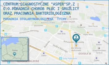 PORADNIA OTOLARYNGOLOGICZNA - CENTRUM DIAGNOSTYCZNE "ASPER"SP.Z O.O.PORADNIA CHORÓB PŁUC I GRUŹLICY ORAZ PRACOWNIA BAKTERIOLOGICZNA - UL. UL. BOHATERÓW WARSZAWY 11 11,  TYCHY