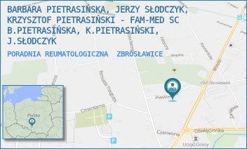 PORADNIA REUMATOLOGICZNA - BARBARA PIETRASIŃSKA, JERZY SŁODCZYK, KRZYSZTOF PIETRASIŃSKI - FAM-MED SC B.PIETRASIŃSKA, K.PIETRASIŃSKI, J.SŁODCZYK - UL. PIASTOWSKA 3,  ZBROSŁAWICE