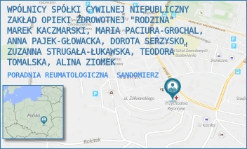 PORADNIA REUMATOLOGICZNA - WPÓLNICY SPÓŁKI CYWILNEJ NIEPUBLICZNY ZAKŁAD OPIEKI ZDROWOTNEJ "RODZINA"  MAREK KACZMARSKI, MARIA PACIURA-GROCHAL, ANNA PAJEK-GŁOWACKA, DOROTA SERZYSKO, ZUZANNA STRUGAŁA-ŁUKAWSKA, TEODORA TOMALSKA, ALINA ZIOMEK - ARMII KRAJOWEJ 3,  SANDOMIERZ