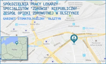 GABINET STOMATOLOGICZNY - SPÓŁDZIELNIA PRACY LEKARZY SPECJALISTÓW "ZDROWIE' NIEPUBLICZNY ZESPÓŁ OPIEKI ZDROWOTNEJ W OLSZTYNIE - PLAC KONSTYTUCJI  3 MAJA 3,  OLSZTYN