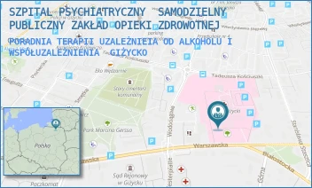 PORADNIA TERAPII UZALEŻNIEIA OD ALKOHOLU I WSPÓŁUZALEŻNIENIA - SZPITAL PSYCHIATRYCZNY  SAMODZIELNY PUBLICZNY ZAKŁAD OPIEKI ZDROWOTNEJ - WARSZAWSKA 41A,  GIŻYCKO