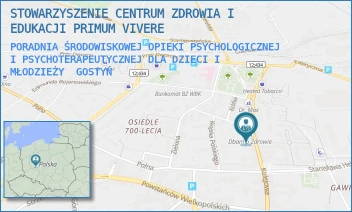 PORADNIA ŚRODOWISKOWEJ OPIEKI PSYCHOLOGICZNEJ I PSYCHOTERAPEUTYCZNEJ DLA DZIECI I MŁODZIEŻY - STOWARZYSZENIE CENTRUM ZDROWIA I EDUKACJI PRIMUM VIVERE - KOLEJOWA 12,  GOSTYŃ