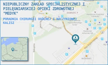 PORADNIA CHIRURGII OGÓLNEJ I NACZYNIOWEJ - NIEPUBLICZNY ZAKŁAD SPECJALISTYCZNEJ I PIELĘGNIARSKIEJ OPIEKI ZDROWOTNEJ "MEDYK" - MARII SKŁODOWSKIEJ-CURIE 2,  KALISZ