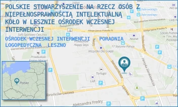 OŚRODEK WCZESNEJ INTERWENCJI - PORADNIA LOGOPEDYCZNA - POLSKIE STOWARZYSZENIE NA RZECZ OSÓB Z NIEPEŁNOSPRAWNOŚCIĄ INTELEKTUALNĄ KOŁO W LESZNIE OŚRODEK WCZESNEJ INTERWENCJI - STAROZAMKOWA 14A,  LESZNO