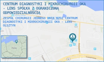 ZESPÓŁ CHIRURGII JEDNEGO DNIA NZOZ CENTRUM DIAGNOSTYKI I MIKROCHIRURGII OKA - LENS - CENTRUM DIAGNOSTYKI I MIKROCHIRURGII OKA - LENS SPÓŁKA Z OGRANICZONĄ ODPOWIEDZIALNOŚCIĄ - BUDOWLANA 3A,  OLSZTYN
