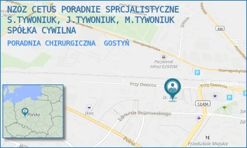 PORADNIA CHIRURGICZNA - NZOZ CETUS PORADNIE SPRCJALISTYCZNE S.TYWONIUK, J.TYWONIUK, M.TYWONIUK SPÓŁKA CYWILNA - PRZY DWORCU 4A,  GOSTYŃ