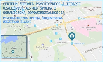 PSYCHIATRYCZNA OPIEKA ŚRODOWISKOWA - CENTRUM ZDROWIA PSYCHICZNEGO I TERAPII UZALEŻNIEŃ AL-MED SPÓŁKA Z OGRANICZONĄ ODPOWIEDZIALNOŚCIĄ - UL. RADLIŃSKA 16,  WODZISŁAW ŚLĄSKI